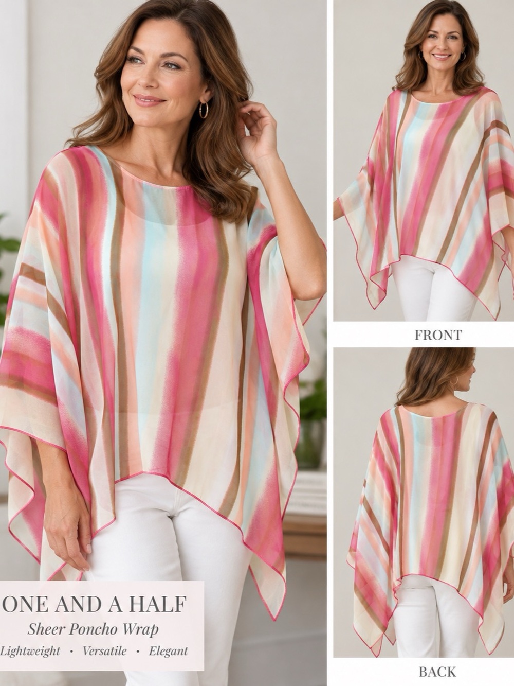 One And A Half Sheer Striped Poncho Top Pink Blue Flowy